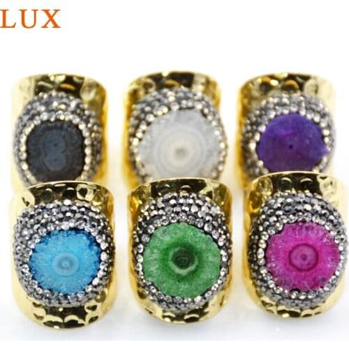 5pcs Natural Druzy Adjustable Raw Stone Ring pave rhinestone Solar Quartz Ring Gold color plated bezel Boho sunflower druzy ring