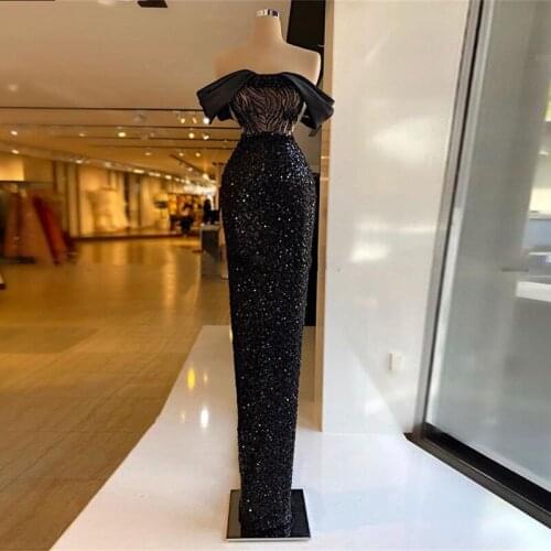Sparkly Black Sequined Prom Dresses Sexy Off The Shoulder Sheath Evening Gowns Floor Length Formal Party Dress Robe De Soiree