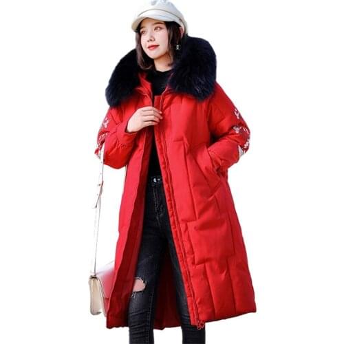 Plus size L-5XL Women Winter Parkas Thick Cotton Jacket Fur collar Hooded Top Female Embroidery Long Cotton-padded Jacket G648