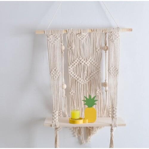D Ins Home Storage Decor Wall Tapestry with Wood Shelf Macrame Plant Hanger Handmade Knitting Hanging Wall Tapestry Art Gift