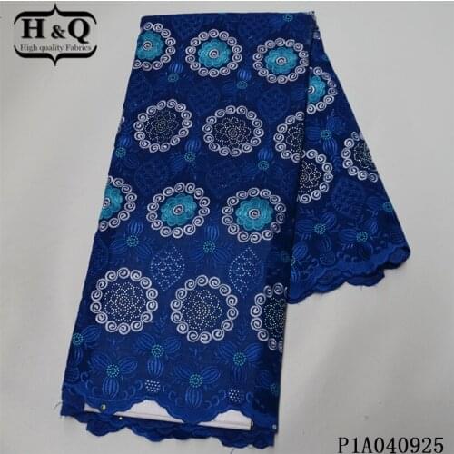 H&Q haute custom blue swiss voile lace fabric 100% cotton embroidery and rhinestones nigerian dry lace with stones for sewing