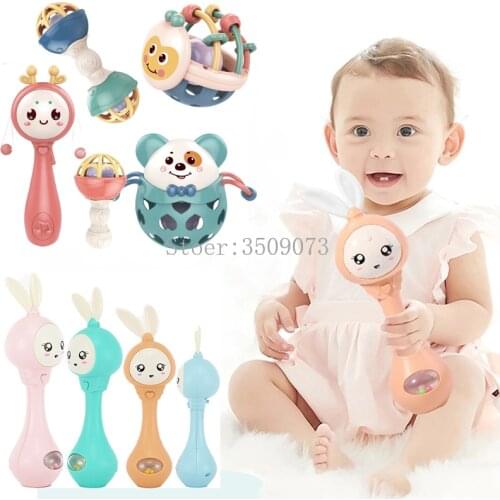 Baby Rattle Toys Music Flashing Teether Rabbit Handbells Mobile Infant Newborn Early Educational Toys 0-12 Month Baby Toys Gift