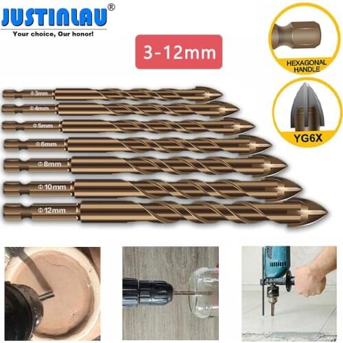 JUSTINLAU Cross Hex Tile Bits Glass Ceramic Concrete Hole Opener Alloy Triangle Drill Sizes 3/4/5/6/7/8/10/12 mm
