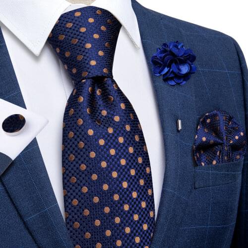 Brown Dot Blue Ties For Men Business Wedding Neck Tie With Brooch Pin Handkerchief Cufflinks Gravata Para Homens Cravate Homme
