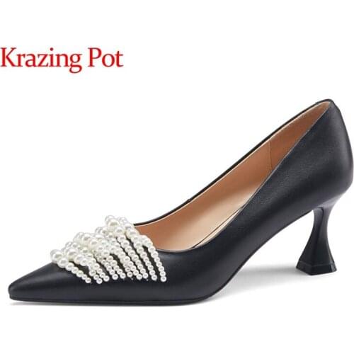 Krazing Pot large size genuine leather pointed toe high heels shallow strange style pearl beading party slip on women pumps L9f1