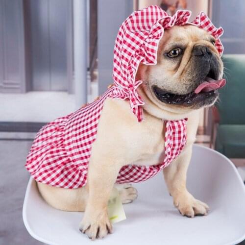 A Summer Dog Plaid Dress Pet Princess Dress with Hat for Summer and Spring Cute Pet Dog Clothes Puppy Costume