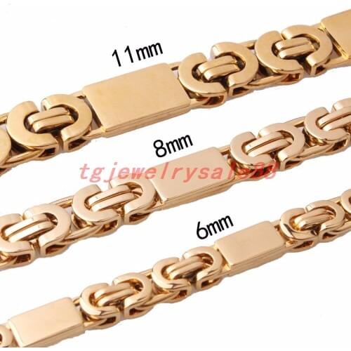 New Fashion 6/8/11mm Stainless Steel Falt Byzantine Link Chain Bracelet Or Necklace Biker Mens Jewelry Gold Color 7-40" Option