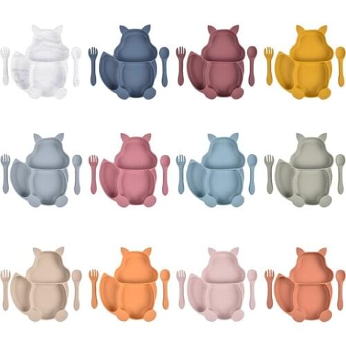 Food Grade Silicone Squirrel Shape Baby Divided Feeding Plate with Spoon Fork Set Training Food Utensil Dinnerware M15