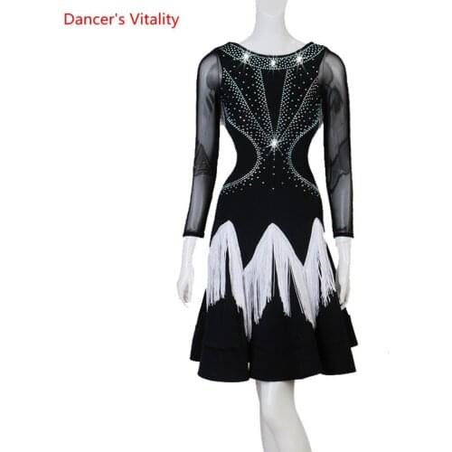 Latin Dance New Female Adult Diamond-Studded Tassel Dress Competition Clothes New Girl Big Swing Skirt Performance Clothing