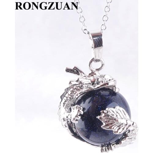 Dragon Pendant & Necklace Natural Blue Sand stone 16mm Round Ball Bead Silvers Chain Necklace 18" Fashion Jewelry TN3138