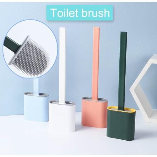 Silicone Wc Toilet Brush Wall Mounted Flat Head Flexible Soft Bristles Brush With Quick Drying Holder set for WC Accessories