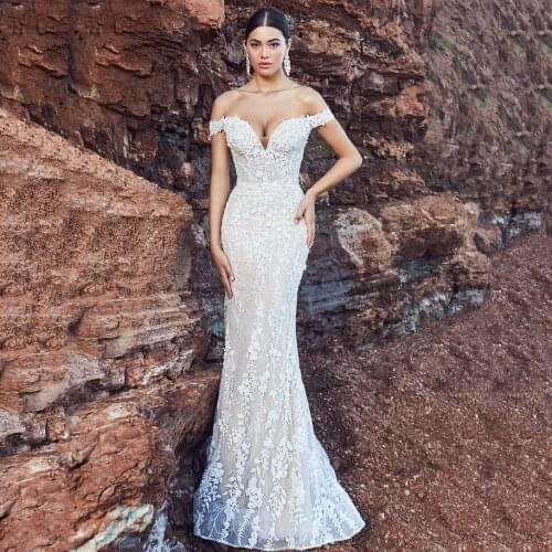 Thinyfull Off The Shoulder Sweetheart Wedding Dresses Elegant Mermaid Bride Dresses Lace Appliques Tulle Zipper Bridal Gown 2020