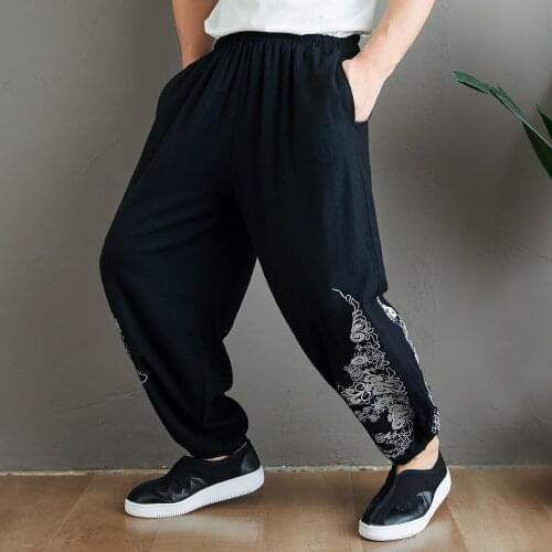 Spring Men Sweatpants Linen Embroid Loose Quickly Dry Wide Leg Bloomer Baggy Running Jogger Workout Casual Gym Pant Sportswear