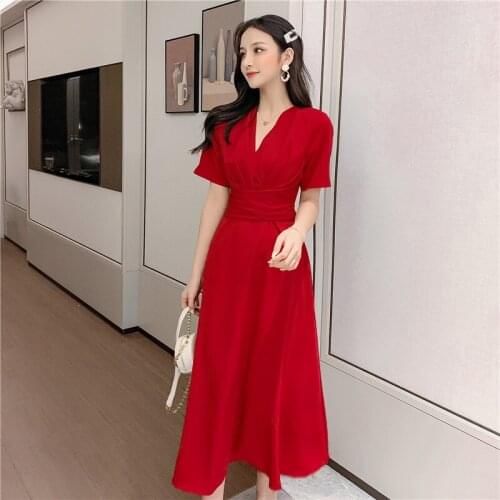 Vestidos 2020 Womens Summer V-neck Dress Women Short-sleeved Retro Temperament High Waist Solid Color Long Big Swing Dress Q2