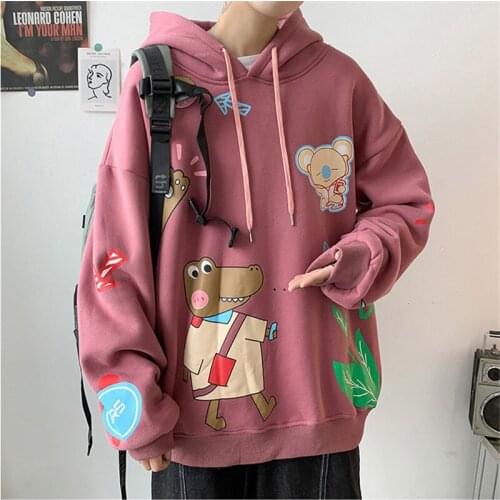Women White Korean Spring Holiday New Pink White Hoodies Student Cartoon Long Sleeve Tops Streetwear Cartoon Loose Hoodies