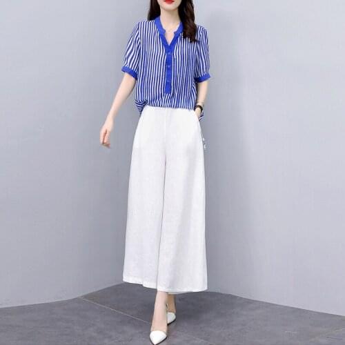 Women Loose Two Piece Pant Sets Casual Summer Striped T-shirt Top Fashion Elastic Waist Wide Leg Pant Oversized Suit Female