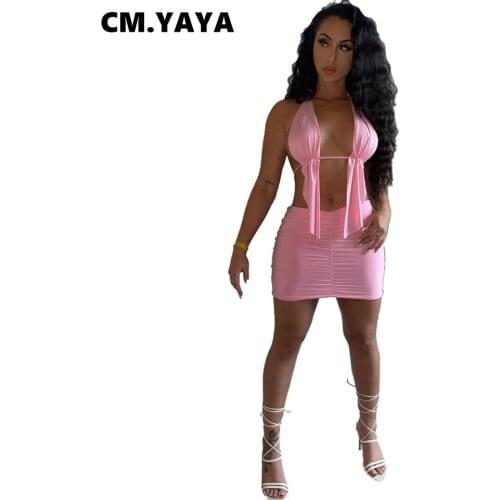 CM.YAYA Women Set Solid Sleeveless Halter Bandage Backless Crop Tops Stacked Mini Skirts Two 2 Piece Sets Sexy Beachwear Summer