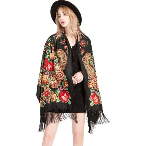 Women Scarf Winter Warm Shawl Female Russian Babushka Hijab Floral Pattern Dupatta Retro Ukrainian Polish Fringed Spain Scarves
