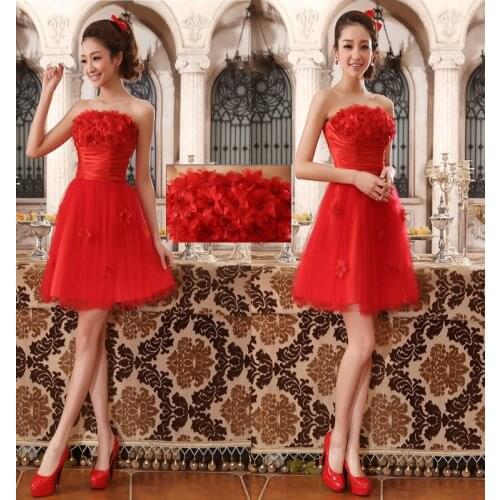 Free shipping tube top 2018 new design hot handmade flowers prom short formal plus size peplum red Prom bridesmaid Dresses