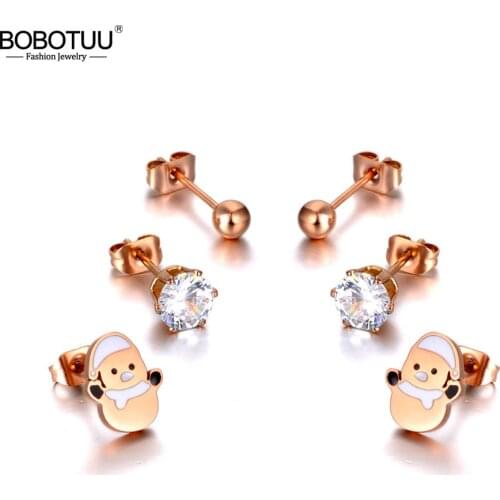 BOBOTUU Trendy Original Design Stainless Steel Snowman Rhinestone Earrings 3Pair/Set Crystal Earrings For Women Girls BE20042