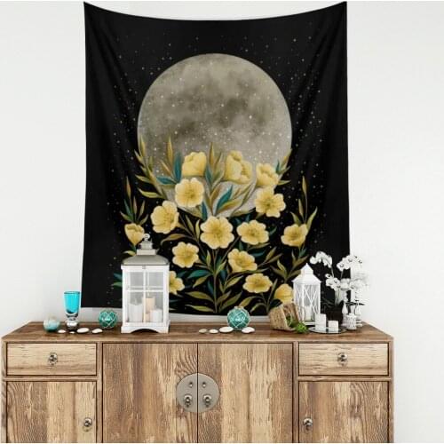 Greeting The Moon Tapestry Primrose Wall Tapestry Hanging Flower Boho Decor Starry Sky Carpet Moon Art Home Decoration