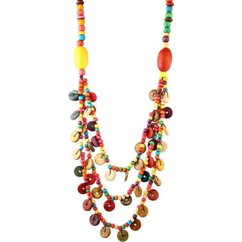 Handmade wood beads long necklace bohemian statement jewelry wholesale round multilayer wood vintage necklace women gift