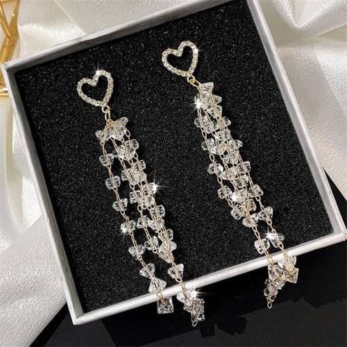 Elegant Crystal Long Tassels Earrings for Women Silver Color Bridal Brincos Wedding Drop Dangle Earrings Statement Jewelry S925