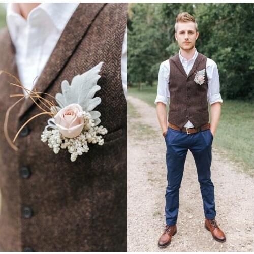 Farm Wedding Brown Wool Herringbone Tweed Vests Custom Made Groom Vest Slim Fit Mens Dress Suit Vest Prom Wedding Waistcoat Plus