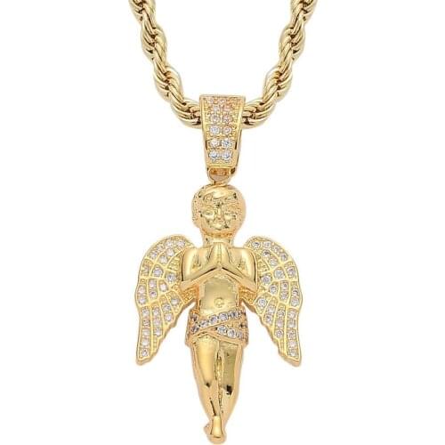 HipHop Micro Pave AAA Cubic Zirconia Bling Iced Out Angel for Men Women Gold Color Pendant Necklaces Lovesblessing Jewelry Gift