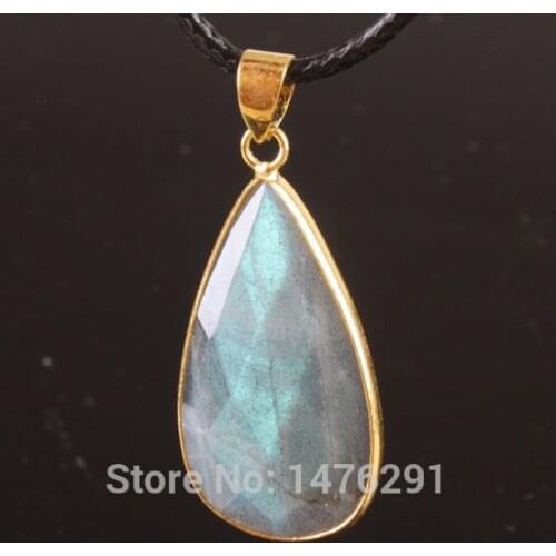 Pretty Natural Labradorite Water Drop Double Sided Plated Gold Bead Gem Pendant 1PCS