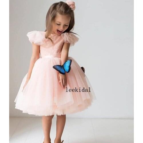 Lace Top A-Line Tulle Pink Flower Girls Dresses Short Formal Kids Formal Wear Infant Toddler Short Sleeves Birthday Party Gowns