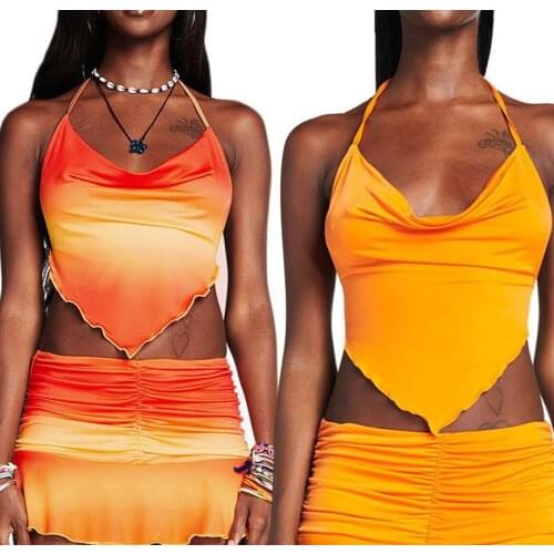 Summer Womens Halter Crop Cami Tops Sleeveless Solid Color/Gradient Print Self Tie Backless Camisole Camis