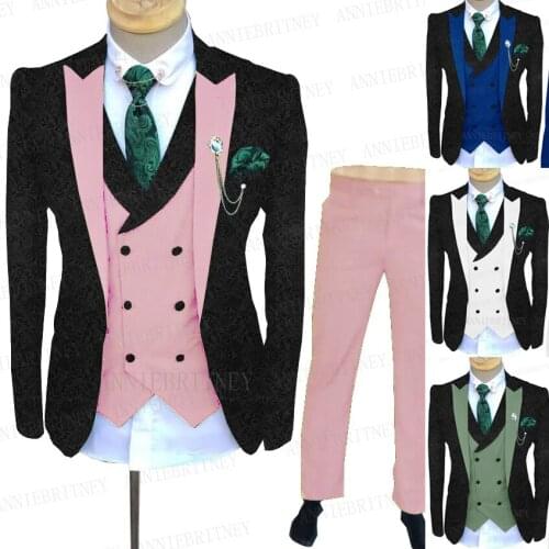 2021 Brand Jacquard Black Suit Men With Pink Vest Pants 3 pieces Custom Made Fashion Business Tuxedo Groom Dinner Wedding Suits