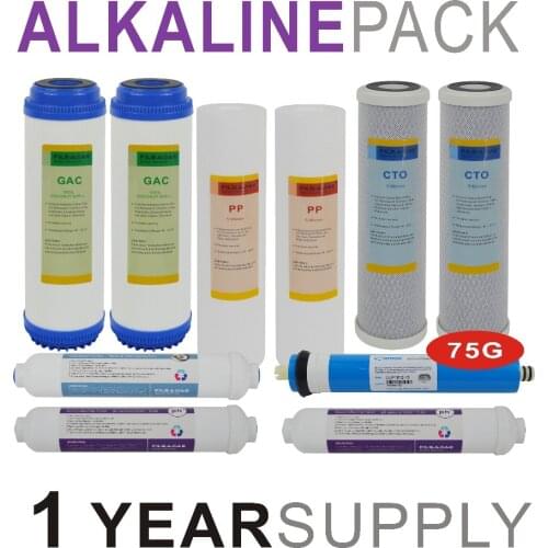 Alkaline Reverse Osmosis System Replacement Filter Sets - 10 Filters with 75 GPD RO Membrane Elements -1 Year Supply