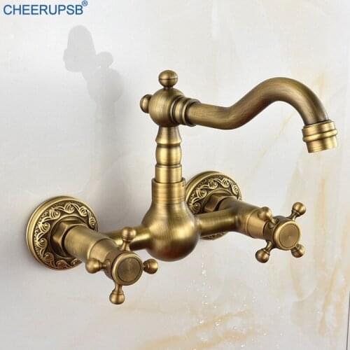 Wall Mounted Kitchen Faucet Antique Gold Brush Tap Hot Cold Water Mixer Faucets Sink 360 Degree Rotation Taps Rubinetto Cucina