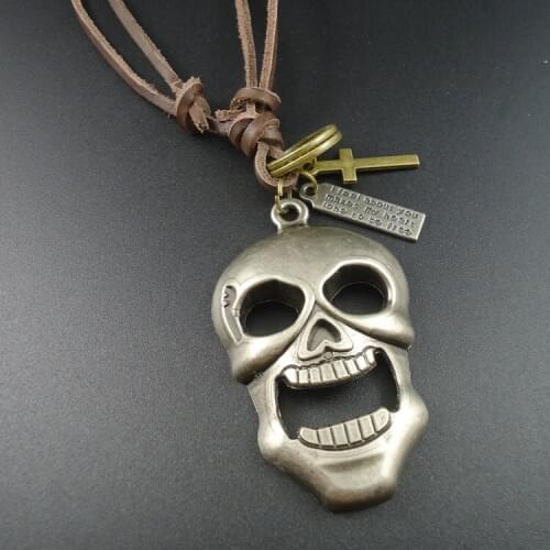 2015 New Trendy Christmas Gift Long Genuine Leather Men Jewelry Vintage Pendant Skull Skeleton Necklaces