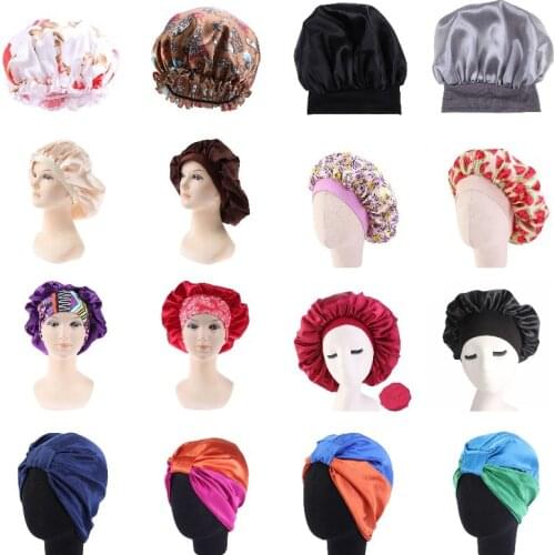 Silk Salon Bonnet Women Sleep Shower Cap Bath Towel Hair Dry Quick Elastic Hair Care Bonnet Head Wrap Hat 29 Styles