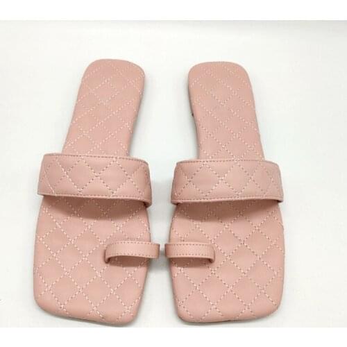 Comfortable Nude Pink Womens Flat Slippers Square Toel Outdoor Slip On Flip Flop Elegant Women Slides Sandal