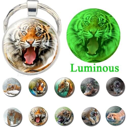 Luminous Aggressive Tiger Keychain Animal Tigers Keychains Glowing Glass Cabochon Jewelry Key Chain Holder Birthday Gifts