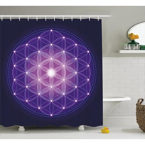 Dark Blue Shower Curtain Flower of Life with Stars Spiritual Symbol Sacred Geometry Ancient Waterproof Polyester Bath Curtains