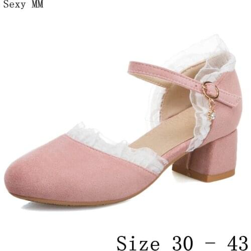 Low High Heels Women Pumps Girl Low High Heel Shoes Mary Janes Woman Shoes Kitten Heels Small Plus Size 30 31 32 33 -40 41 42 43