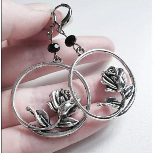 Vintage Plant Leaf Rose Flower Earrings Boho Ethnic Antique Silver Color Blossom Round Earring New Elegant Gothic Women Gifts
