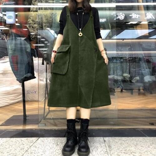 Vintage Corduroy Overalls Dress Womens Suspender Sundress ZANZEA Casual V Neck Midi Vestidos Female Sleeveless Robe