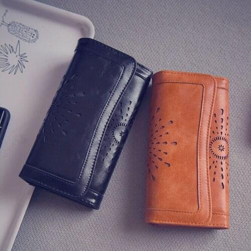 Vintage Womens Ladies PU Leather Clutch Wallet Long Card Holder Purse Handbag Smart Wallet Ladies Solid Hollow Out Holders