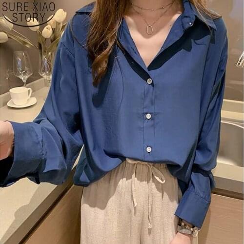 Korean OL Style Loose Lazy Tops Women Spring and Summer 2021 Women Shirts Solid Turn Down Collar Long Sleeve Shirt Feminine 9358
