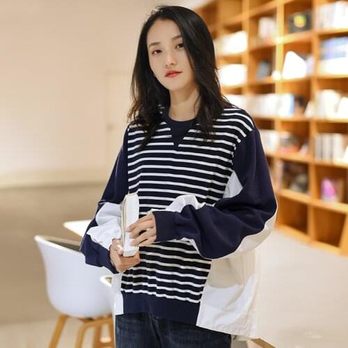 FairyNatural Ladies Striped Cotton T-Shirts Patchwork Color Korean Style Long Sleeve Loose Women T-Shirts 2021 Spring