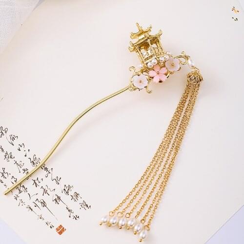Vintage Gold Color Tiaras Hairpins Long Tassel Hair Forks Sticks For Wedding Women Headpiece Chinese Style Hair Accessories