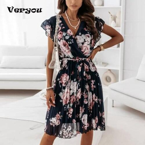 Women Chiffon Ruffles Sleeve Floral Print Mini Dress 2021 Summer Casual Deep V Neck Pink Pleated Office Ladies Dresses For Women