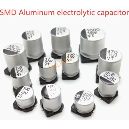 10pcs SMD 6.3V 10V 16V 25V 35V 50V Aluminum Electrolytic Capacitor 1UF 2.2UF 10UF 22UF 33UF 47UF 100UF 220UF 330UF 470UF 1000UF