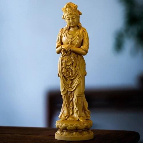 20CM Tang-style Guanyin Bodhisattva Wood Carving Solid Wood Buddha Sculpture Craft Ornaments
